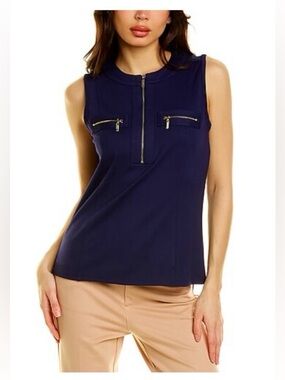 Anne Klein Navy Serenity Sleeveless Gold Hardware Zip Up With Zip Pockets Top